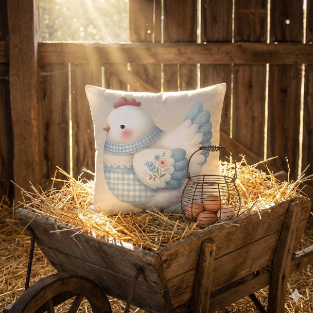 Almofada Blue Gingham Cottage Hen (Blue Gingham Cottage Hen Throw Pillow Mockup C)