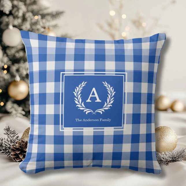 Almofada Blue Gingham Monogramas Crest (Custom Blue Gingham Monogram Crest Throw Pillow)