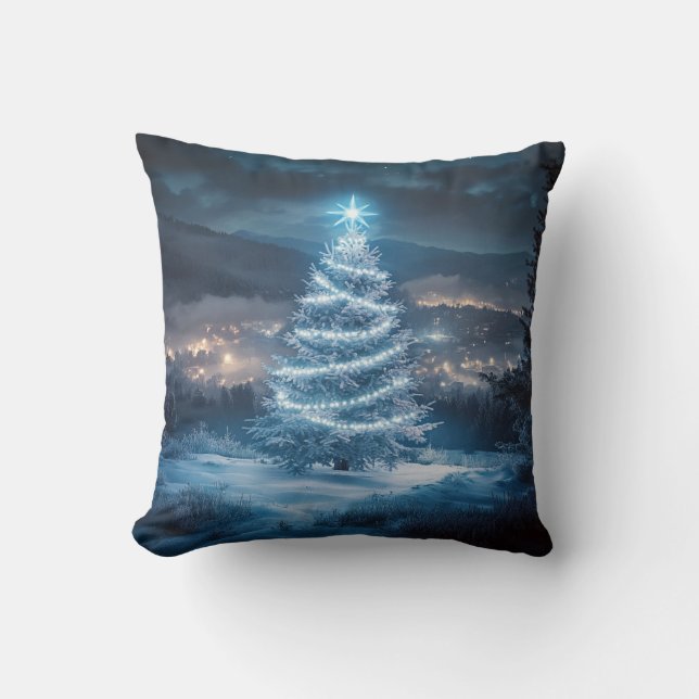 Almofada Blue Glowing Winter Night Christmas Tree (Frente)