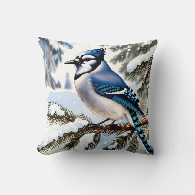 Almofada Blue Jay in Snowy Pines Watercolor Winter (Frente)