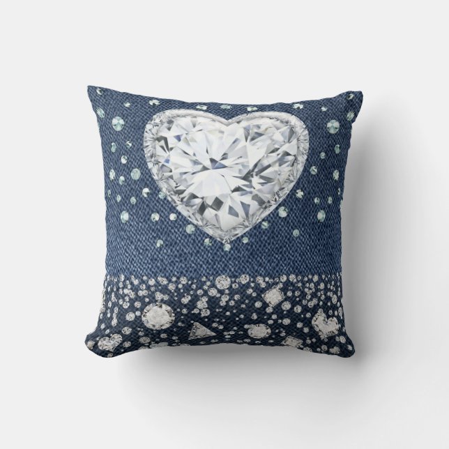 Almofada Blue Jean Denim & Diamantes Brilho Diamante Coraçã (Frente)