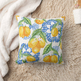 Almofada Blue Majolica Tile and Watercolor Lemons