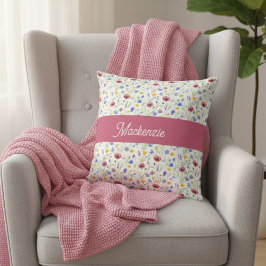 Almofada Blue Pink Wildflower Botanical Monogram Name
