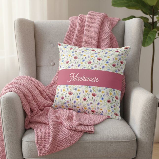 Almofada Blue Pink Wildflower Botanical Monogram Name (Criador carregado)