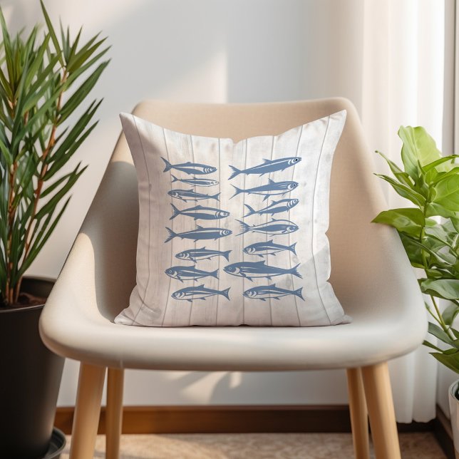 Almofada Blue Sardinha Mar Vida Oceano Náutico Madeira Bran (Blue sardine pattern pillow)