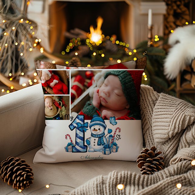 Almofada Blue Snowman Primeiro Natal (Criador carregado)