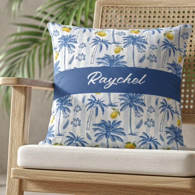 Almofada Blue Toile Palm Trees Lemons Monogram Name (Criador carregado)