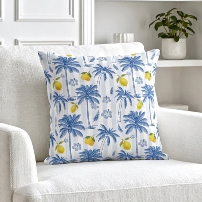 Almofada Blue Toile Palm Trees Lemons Pattern (Criador carregado)