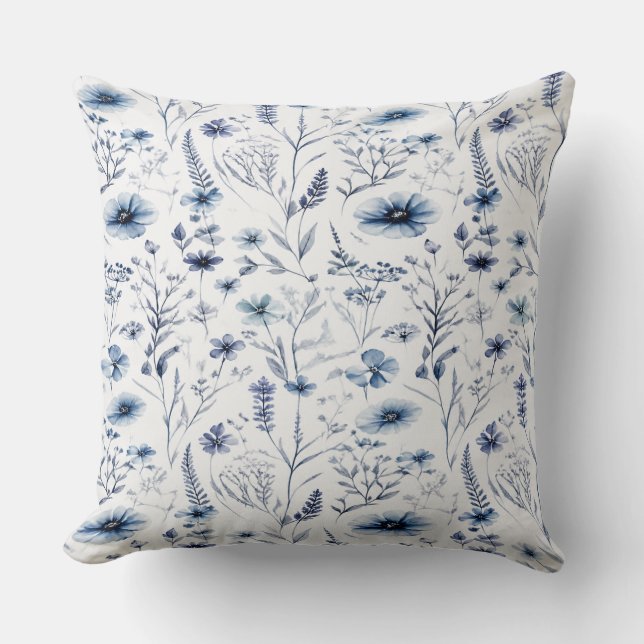 Almofada Blue Watercolor Wildflower Botanical Throw Pillow (Frente)