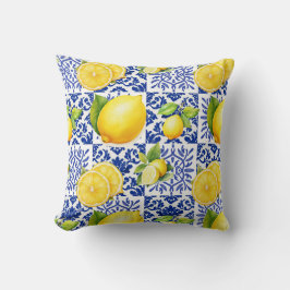 Almofada Blue White Lemon Tile Pattern Mediterranean Citrus