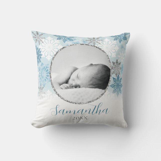 Almofada Blue Winter Snowflake Foto personalizada de bebê (Frente)