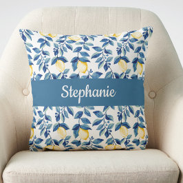 Almofada Blue Yellow Watercolor Lemon Monogram Name