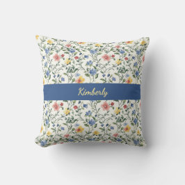 Almofada Blue Yellow Watercolor Wildflower Monogram Name
