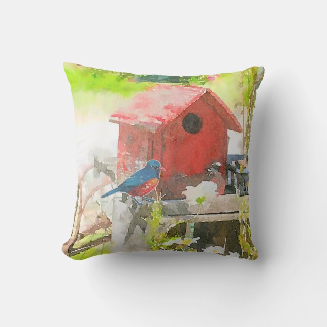 Almofada Bluebird com Birdhouse vermelho (Frente)