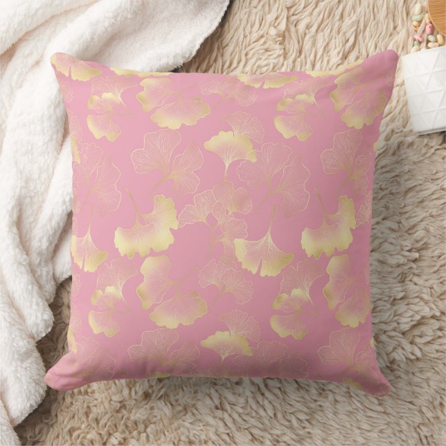 Almofada Blush Ginkgo Luxe – Botânica Dourada sobre Rosa (Cobertor)