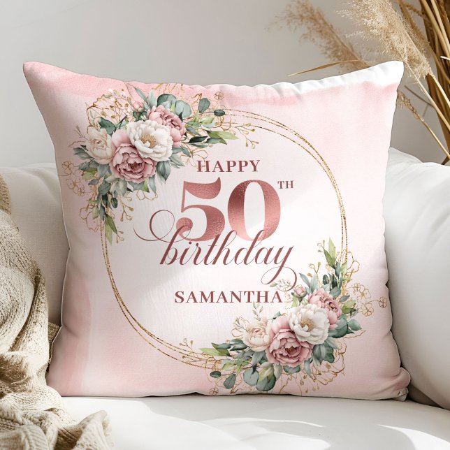 Almofada Blush Pink Floral Rose Gold 50th Birthday Pillow  (Blush Pink Floral Rose Gold 50th Birthday Pillow Gift)