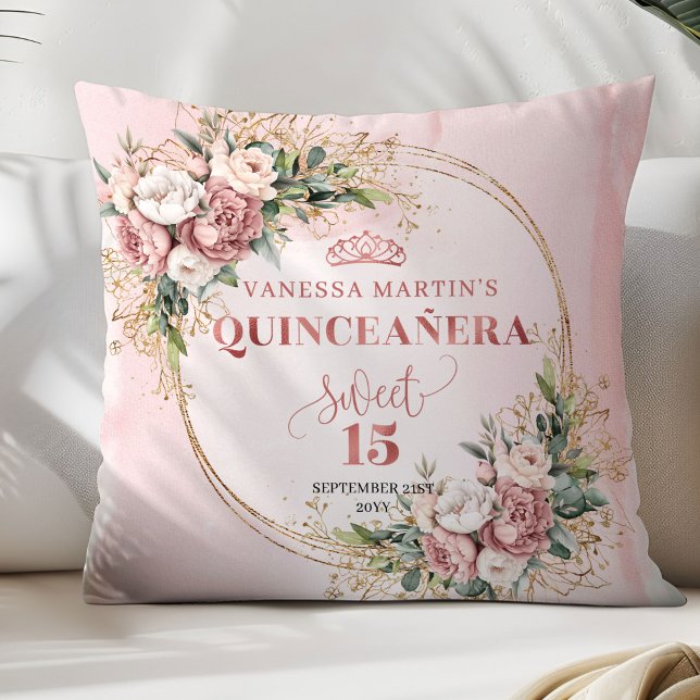 Almofada Blush Pink Flowers Eucalyptus Perfect Gift 15th (Blush Pink Flowers Eucalyptus Perfect Gift 15 Pillow)