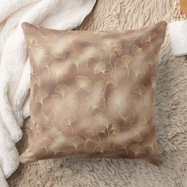 Almofada Blush Rosa Dourado Folhas de Ginkgo Elegante Botân (Cobertor)