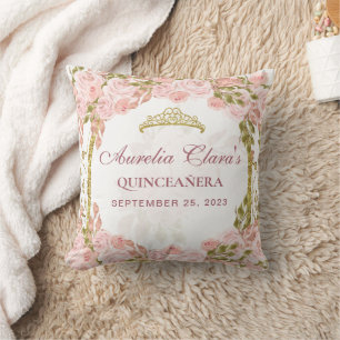 Almofada Blush Rosa Floral Princesa Arco Dourado Quinceaner