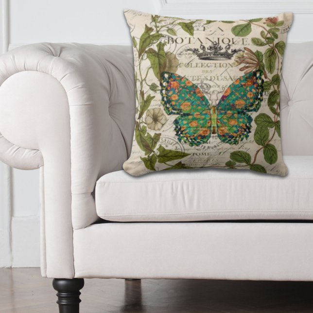 Almofada boêmia scripts da borboleta botânica francesa (bohemian scripts french botanical butterfly throw pillow)
