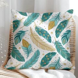Almofada Boho Azul-turquesa e Penas Douradas