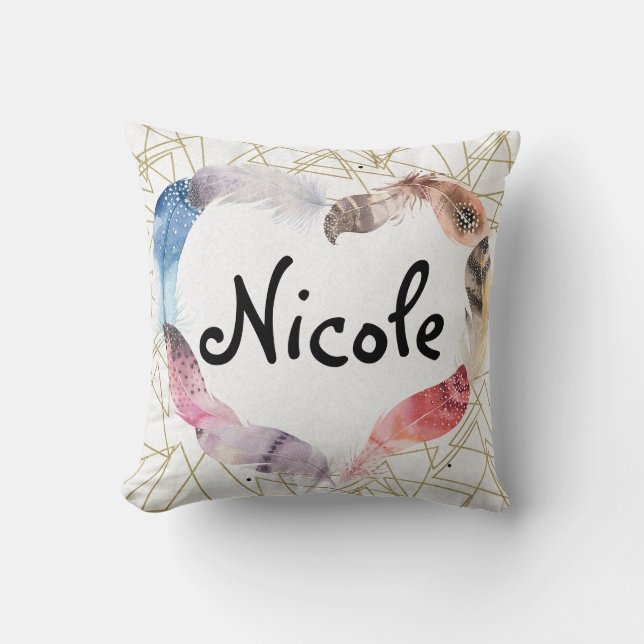 Almofada Boho Bohemian Feather Heart Dourado Geométrico Mod (Frente)