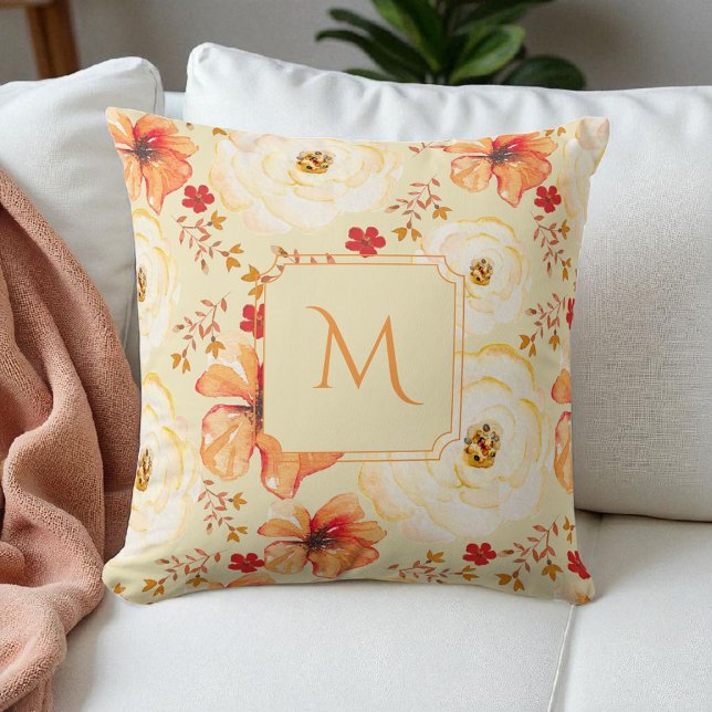 Almofada Boho Botânico Aquarela Creme Laranja Floral (Criador carregado)