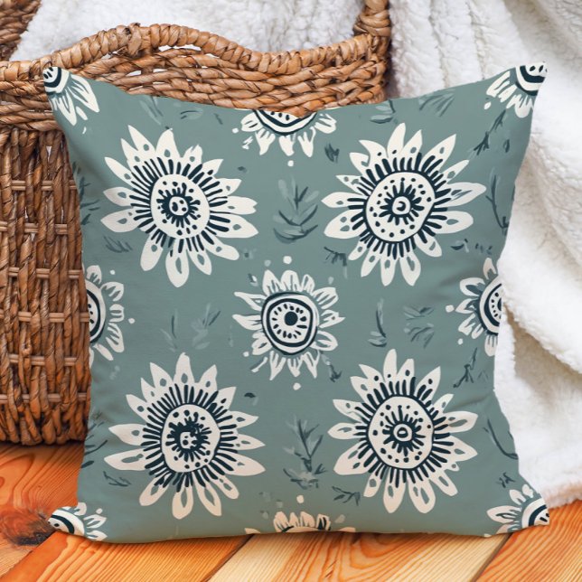 Almofada Boho Botânico Gado Verde Creme Geométrico Floral (Boho Botanical Sage Green Cream Geometric Floral Throw Pillow)