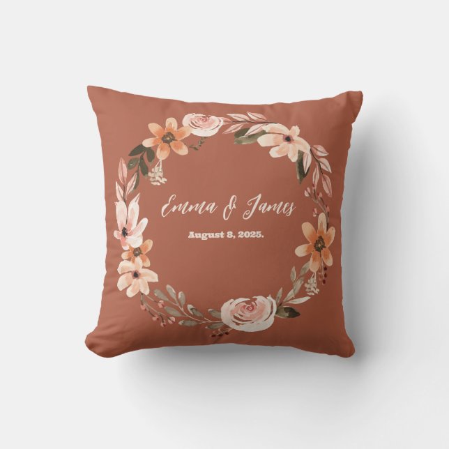 Almofada Boho Burnt Orange Watercolor Floral Personalizado (Frente)