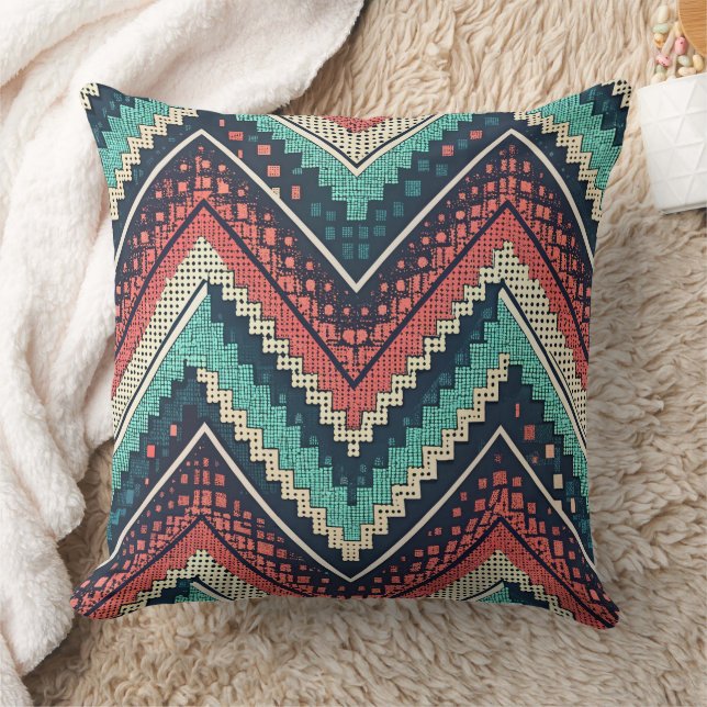Almofada Boho Chevron Pattern | Teal, Coral e Cream Zigzag (Cobertor)