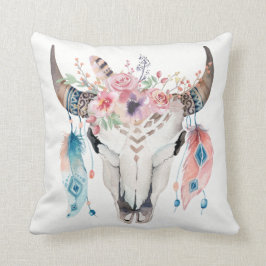 Almofada Boho Chic Crânio de Vaca Penas e Flores Glam