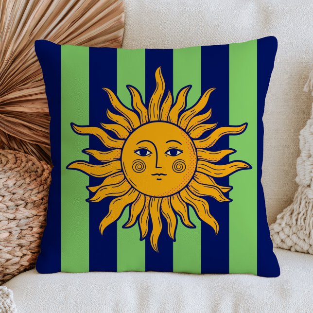 Almofada Boho Chic Rosto de Sol Azul Marinho e Listras Verd (Criador carregado)