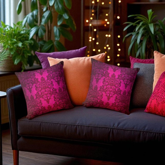 Almofada Boho Damask Profundo Rosa Glowing Estilo Vitoriano (Criador carregado)