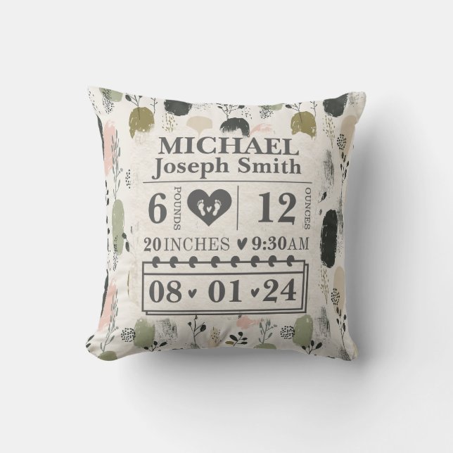 Almofada Boho de Estatísticas de Nascimento Personalizadas (Frente)