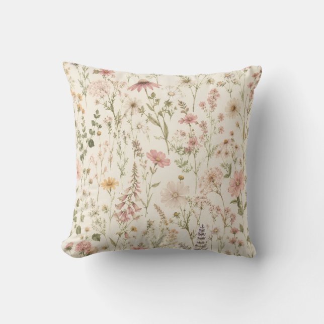 Almofada Boho de Flores Silvestres - Bege Rosa  (Frente)