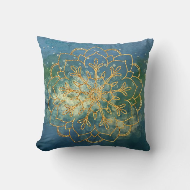 Almofada Boho Dourado Mandala Azul Verde Aquarela Brilho (Frente)
