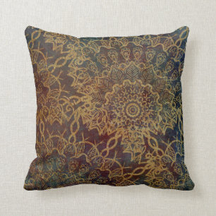 Almofada Boho Dourado Padrão De Mandala Sobre Blue Red Gru