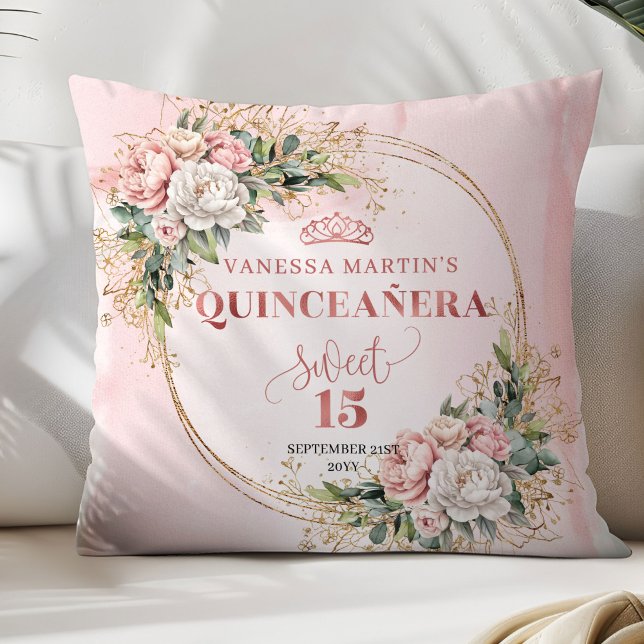 Almofada Boho Dusty Pink Floral Greenery Sweet 15 Birthday (Dusty Pink Floral Greenery Sweet 15 Birthday Pillow)