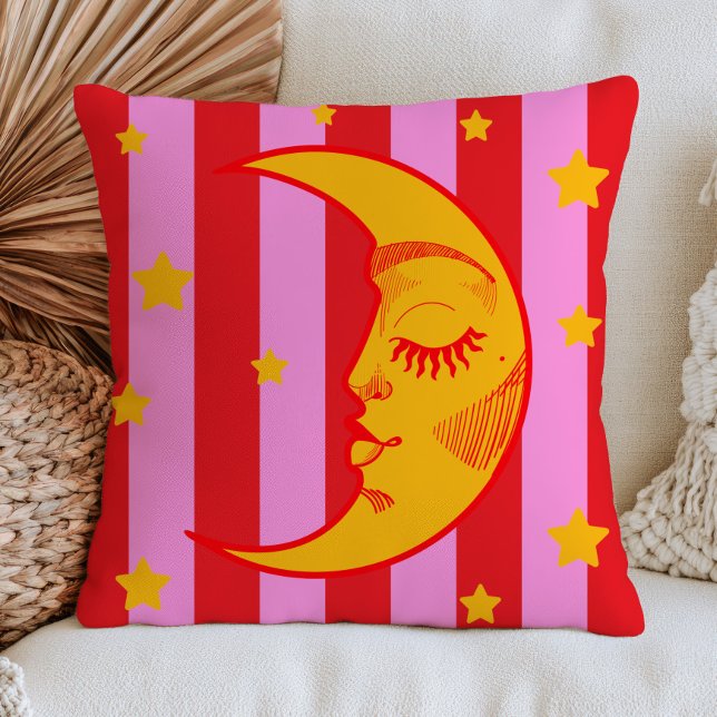 Almofada BOHO Face de Lua Crescente Vermelho e Listras Rosa (Criador carregado)
