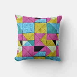 Almofada Boho Faux Patchwork Quilt Pink Yellow Blue