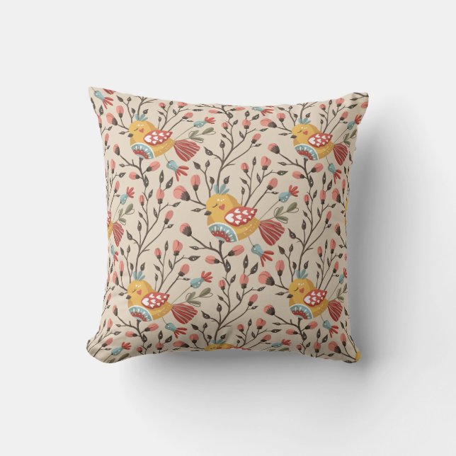 Almofada Boho Floral Birds Garden Patterno (Frente)
