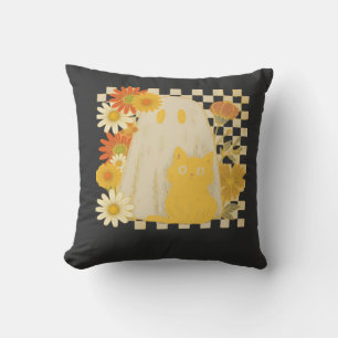 Almofada Boho Floral Outono Fantasma e Gato Preto Halloween