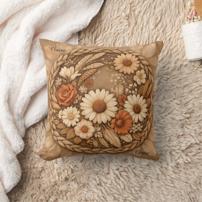 Almofada Boho Floral Woven Circle Customizable Throw Pillow (Cobertor)