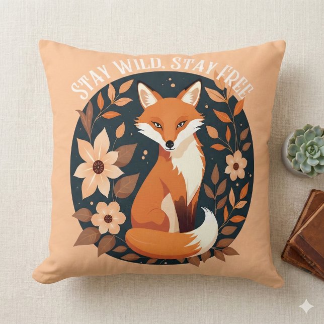 Almofada Boho Fox "Fique Selvagem, Fique Livre" Design Flor (Boho Fox Stay Wild, Stay Free Woodland Design Throw Pillow Mockup A)