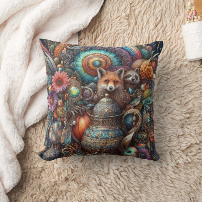 Almofada Boho Fox Raccoon Floral Design (Cobertor)