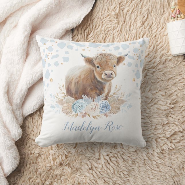 Almofada Boho Highland Cow Blue Dourado Bebezinho (Cobertor)
