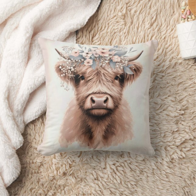 Almofada Boho Highland Cow Com Coroa Floral (Cobertor)
