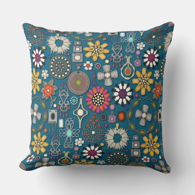 Almofada boho joia tesouros azul-pavão (Frente)