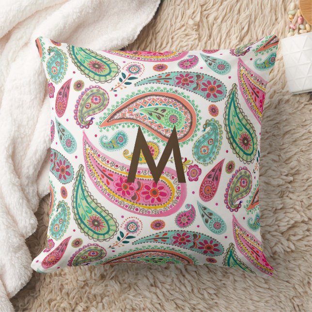Almofada Boho Paisley Multicolor padrão feminino monograma  (Cobertor)