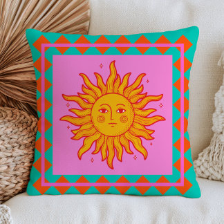 Almofada BOHO Retro Rosto do Sol Dopamina Estética Colorida